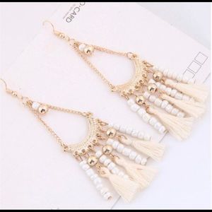 Trendy White Bead Tassel Gold Dangle Earrings